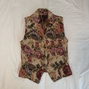 Floral Tapestry Button Front Vest - Beige with Rose Print